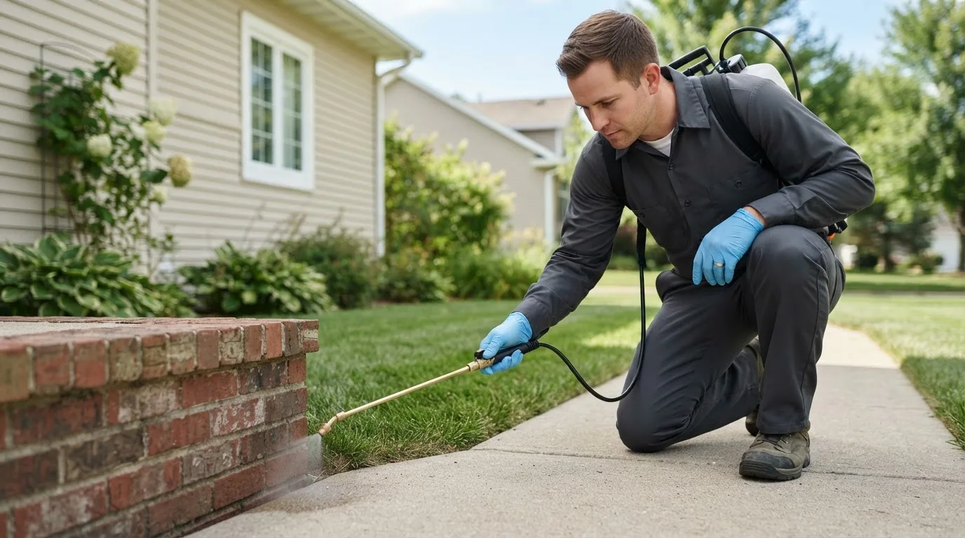 Pest control technician treating a home near Pierce, CO